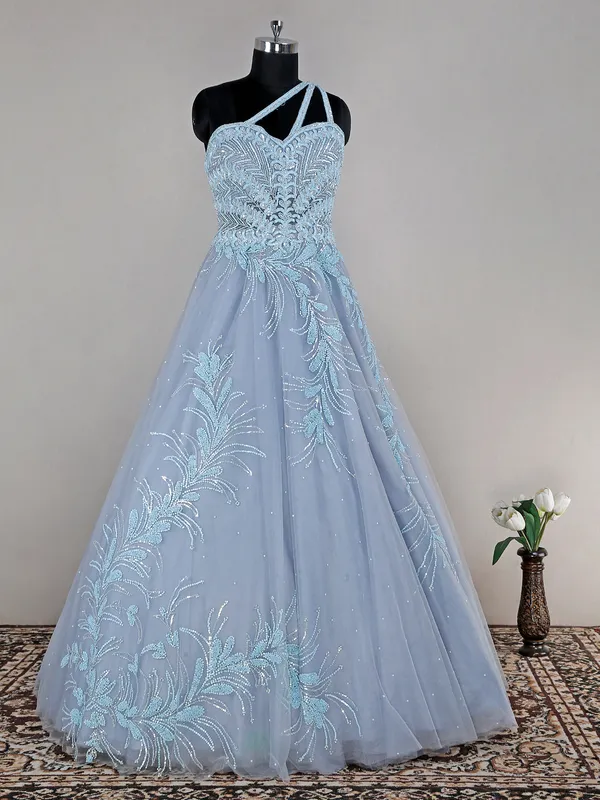 Light grey net floor length gown for reception