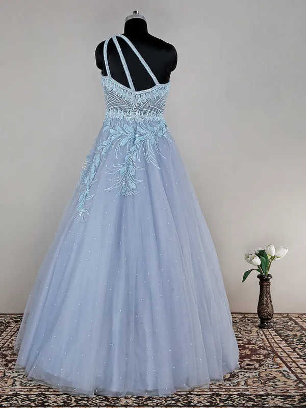 Light grey net floor length gown for reception