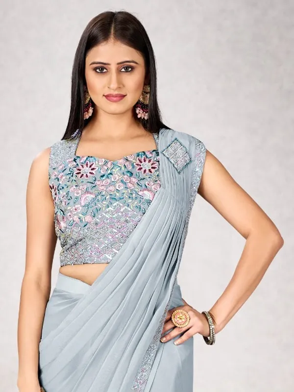 Light grey party wear saree in shimmer georgette
