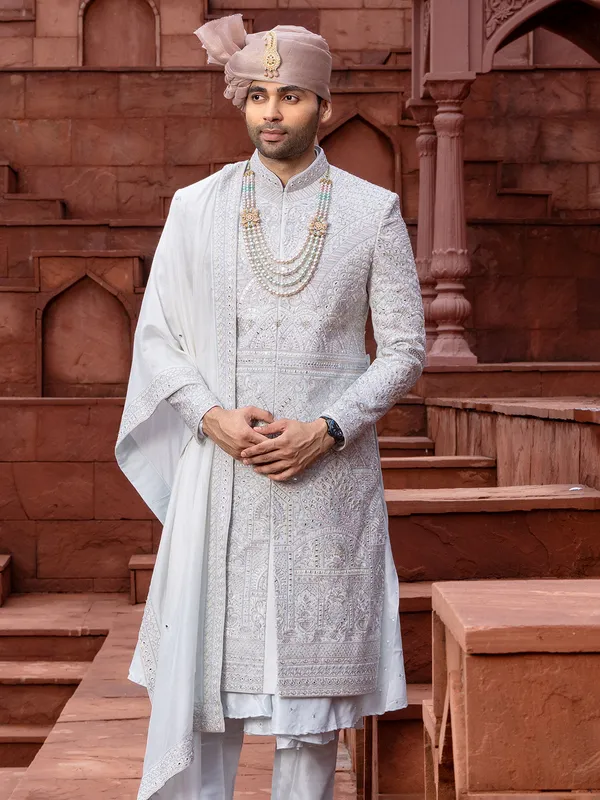 Light grey peshwai style raw silk sherwani for groom