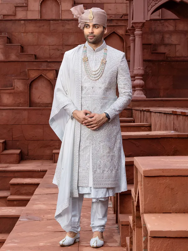 Light grey peshwai style raw silk sherwani for groom