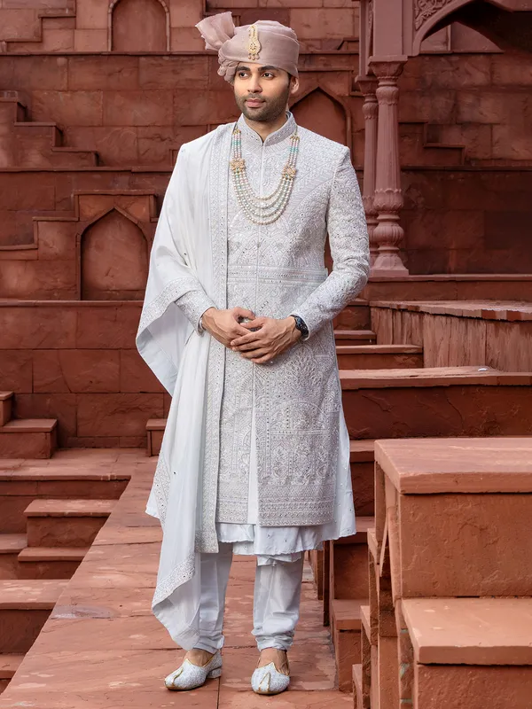 Light grey peshwai style raw silk sherwani for groom