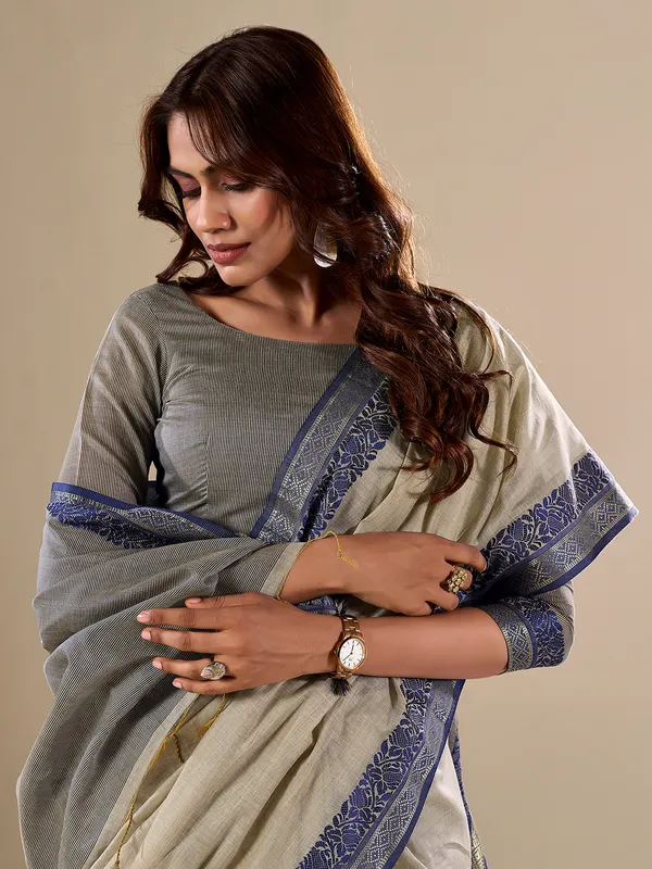 Light grey plain cotton saree