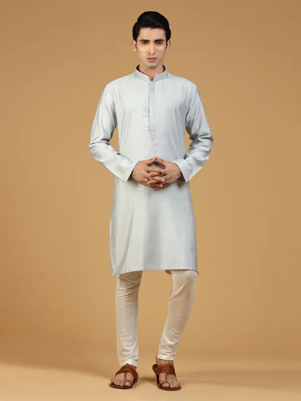 light grey plain festive wear silk kurta suit