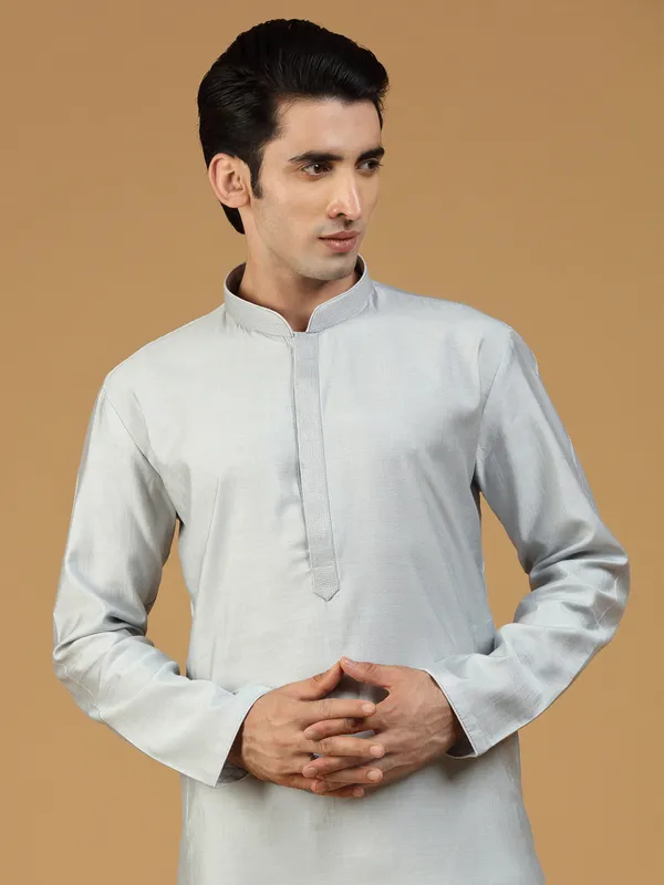 light grey plain festive wear silk kurta suit