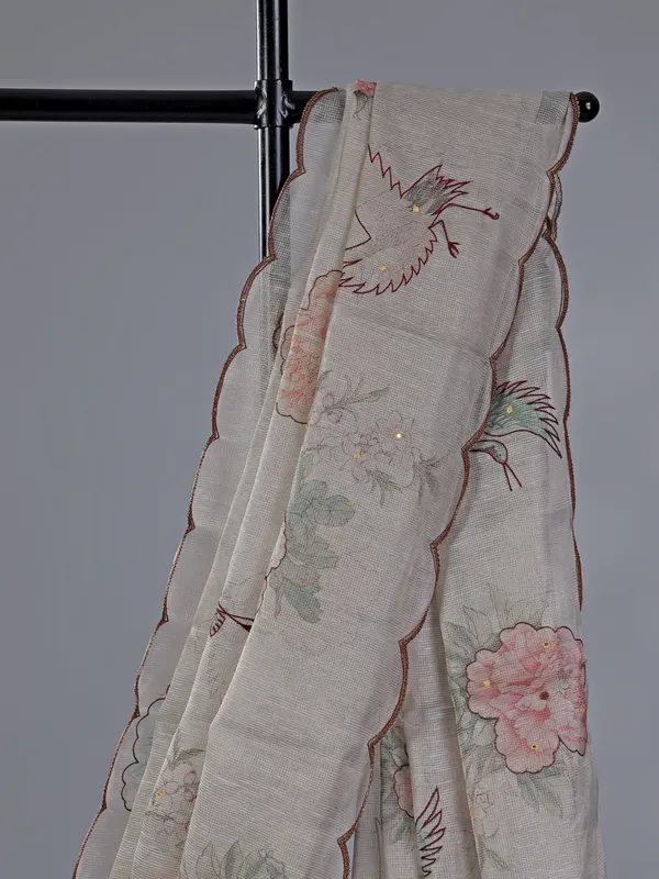 Light grey printed cotton silk saree