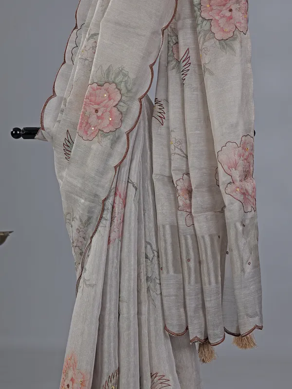 Light grey printed cotton silk saree