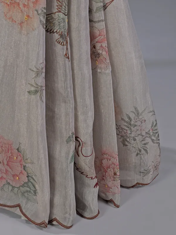 Light grey printed cotton silk saree