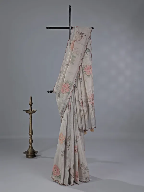 Light grey printed cotton silk saree