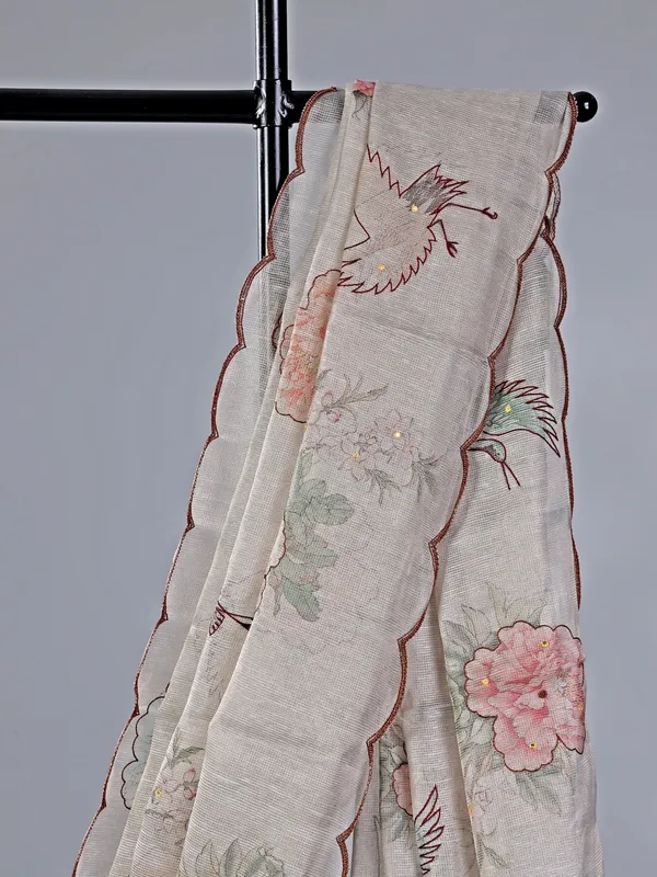 Light grey printed cotton silk saree