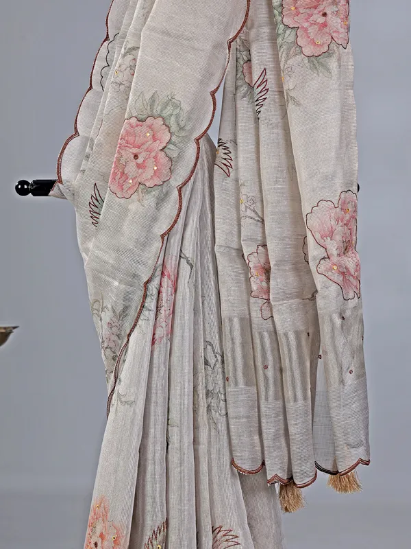 Light grey printed cotton silk saree