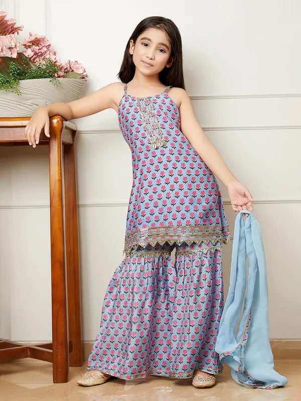 Light blue printed cotton sharara set