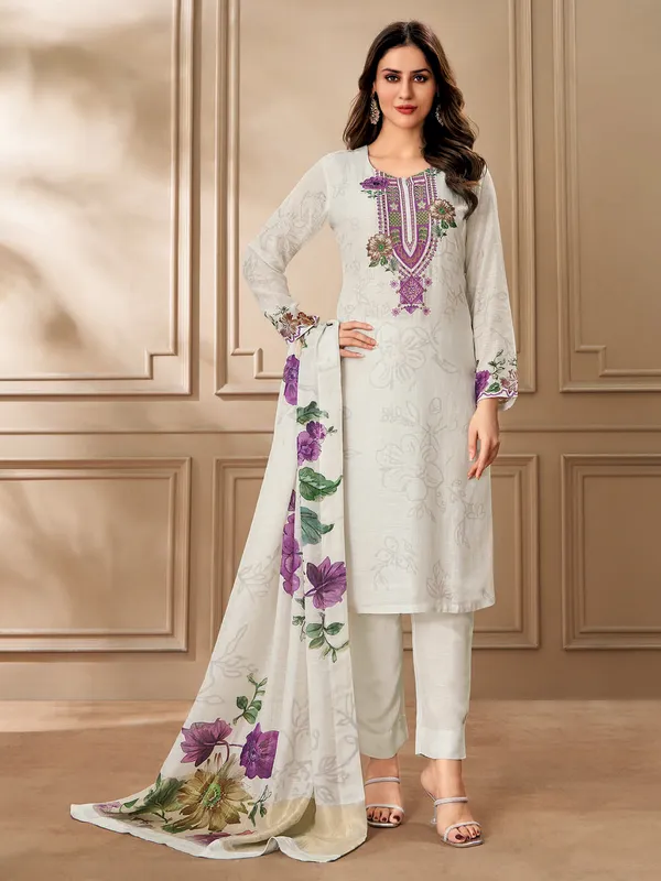 Light grey printed salwar suit in linen