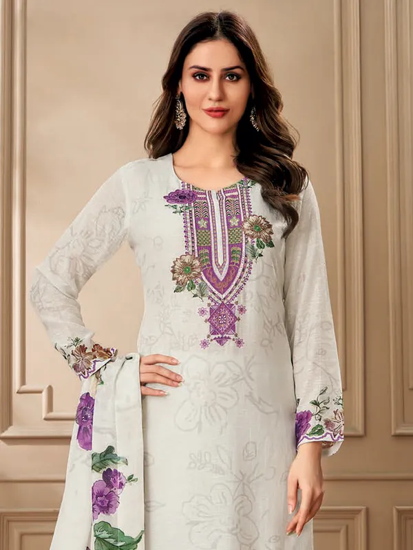 Light grey printed salwar suit in linen