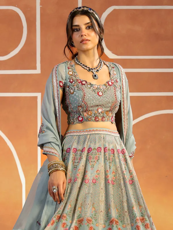 Light Grey printed silk lehenga choli for women