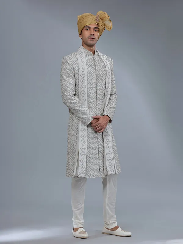 Light grey raw silk groom style sherwani for men