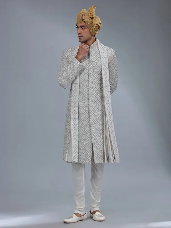 Light grey raw silk groom style sherwani for men