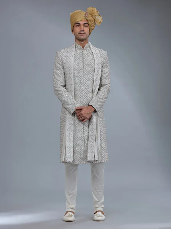 Light grey raw silk groom style sherwani for men