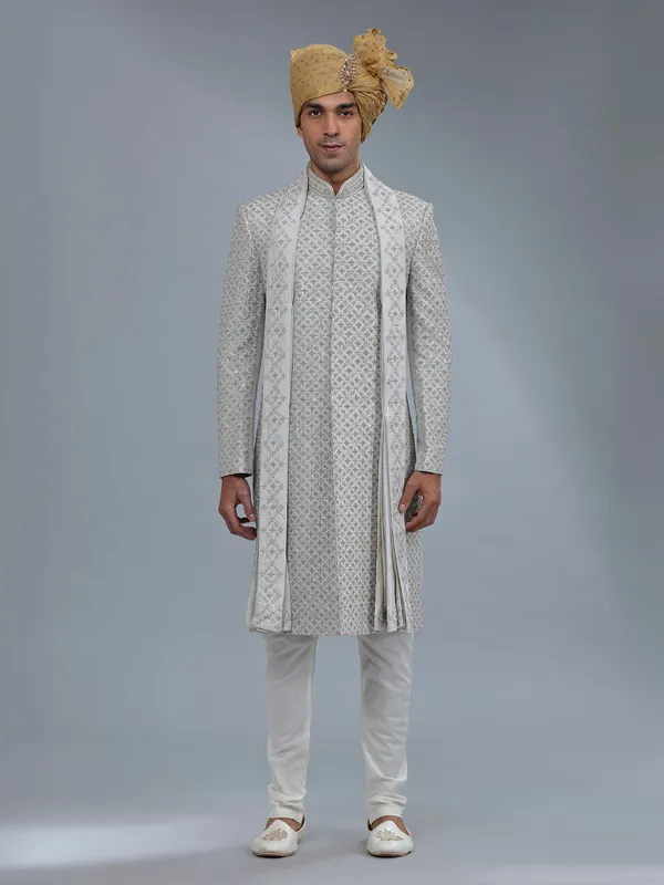 Light grey raw silk groom style sherwani for men