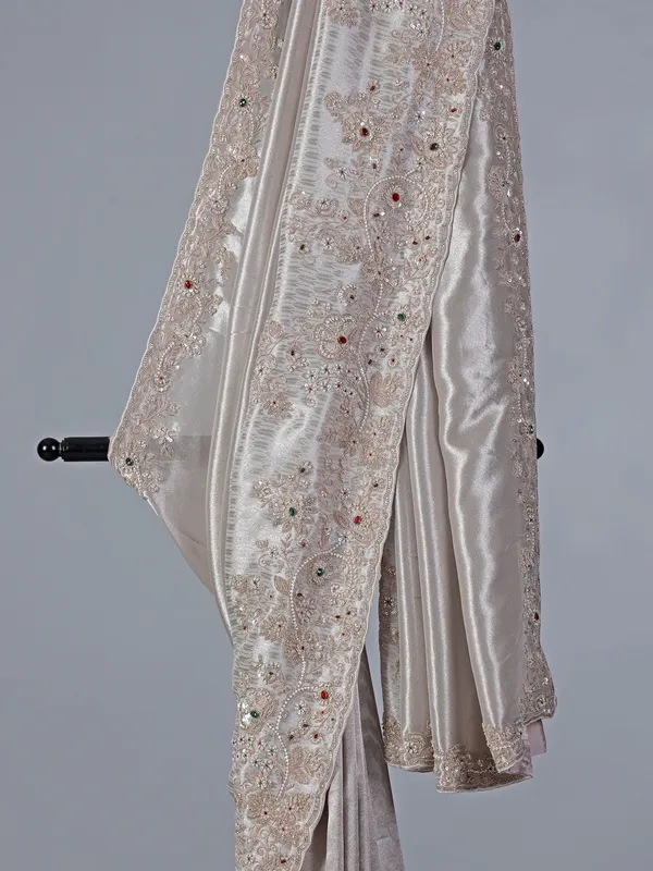 Light grey shimmer dola silk saree for wedding