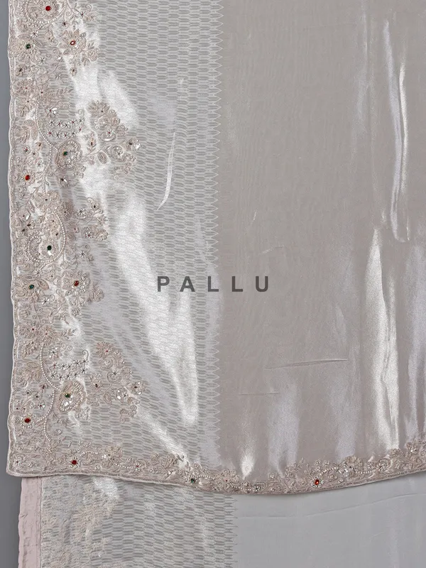 Light grey shimmer dola silk saree for wedding