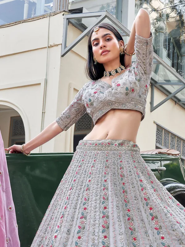 Light grey silk bridal lehenga choli