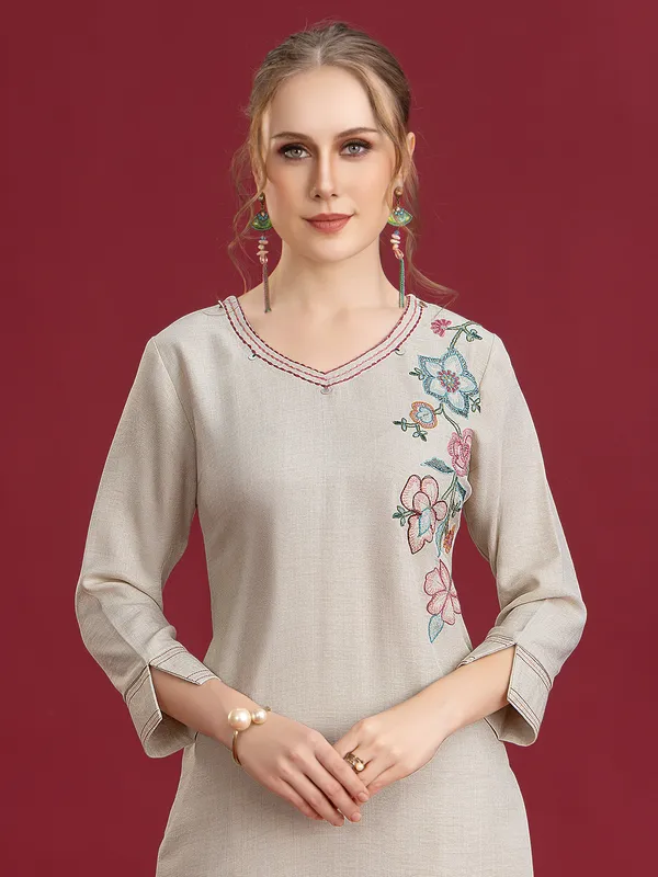 Light grey silk pant set with stone embroidery