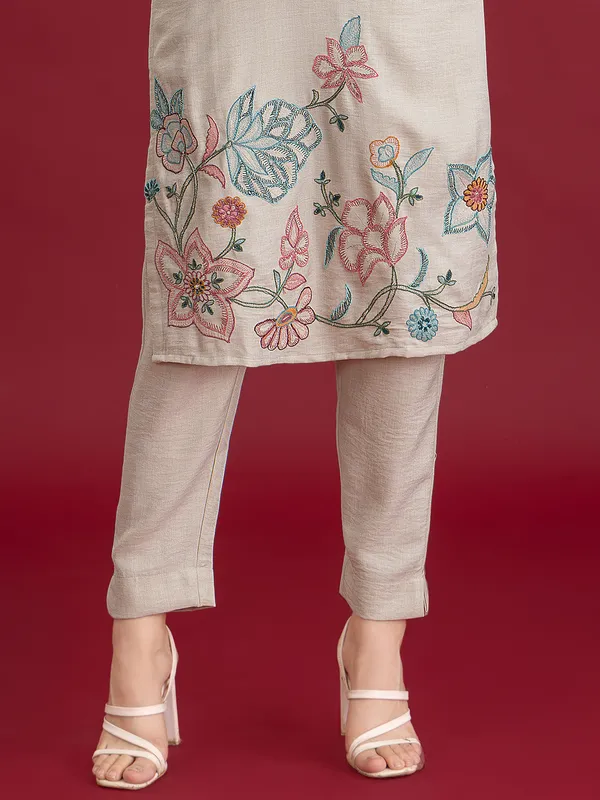 Light grey silk pant set with stone embroidery