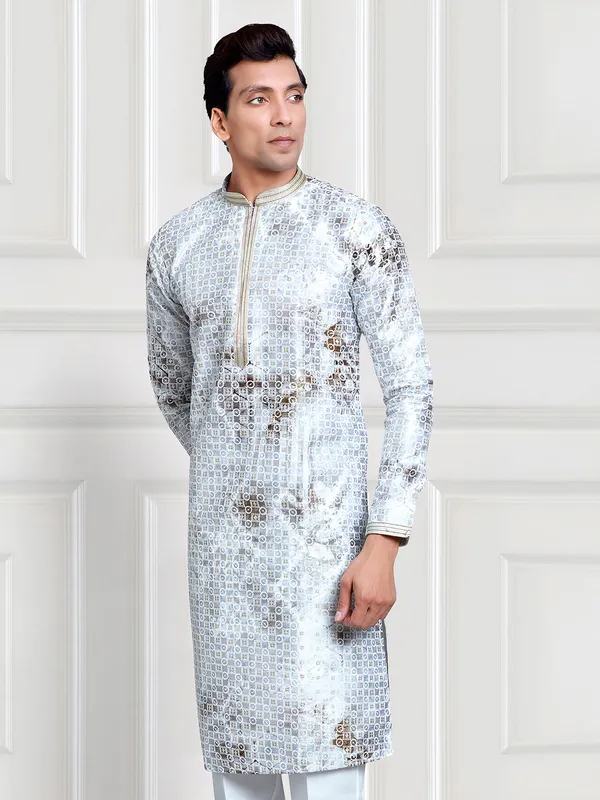 Light grey silk printed  Men Kurta pajama