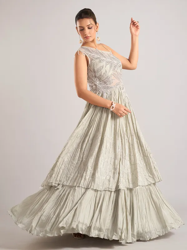 Light grey silk sleeveless designer salwar suit