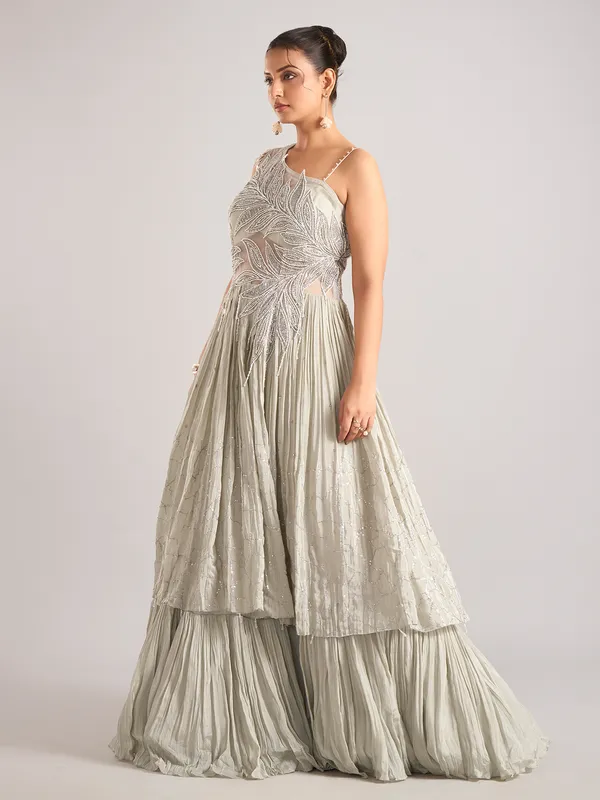 Light grey silk sleeveless designer salwar suit