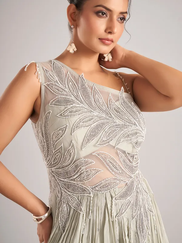 Light grey silk sleeveless designer salwar suit