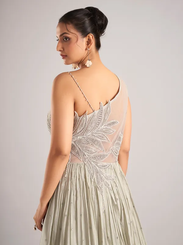 Light grey silk sleeveless designer salwar suit