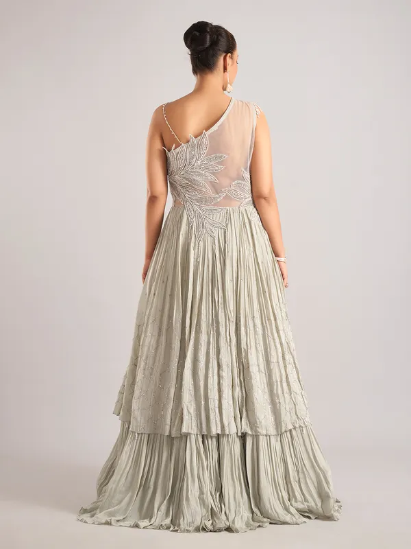 Light grey silk sleeveless designer salwar suit