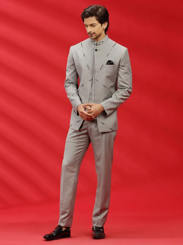 Light grey terry rayon jodhpuri suit for reception wear