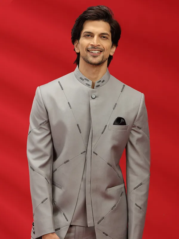 Light grey terry rayon jodhpuri suit for reception wear