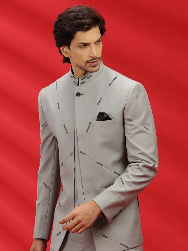Light grey terry rayon jodhpuri suit for reception wear