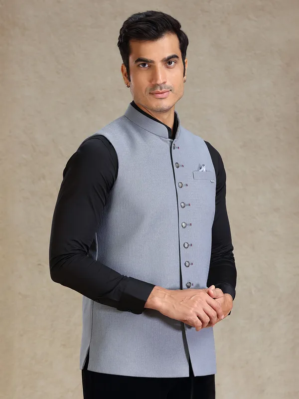 Light grey textured nehru jacket for men