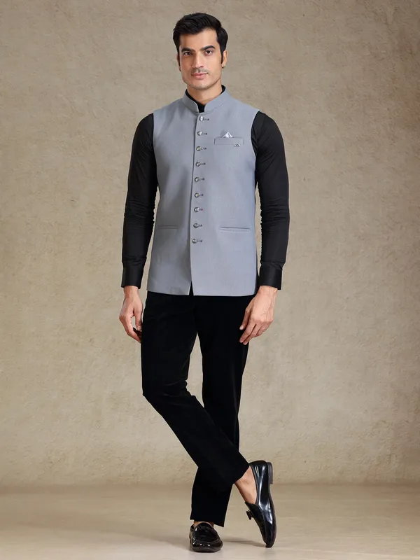 Light grey textured nehru jacket for men