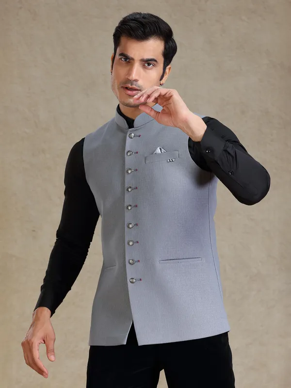 Light grey textured nehru jacket for men