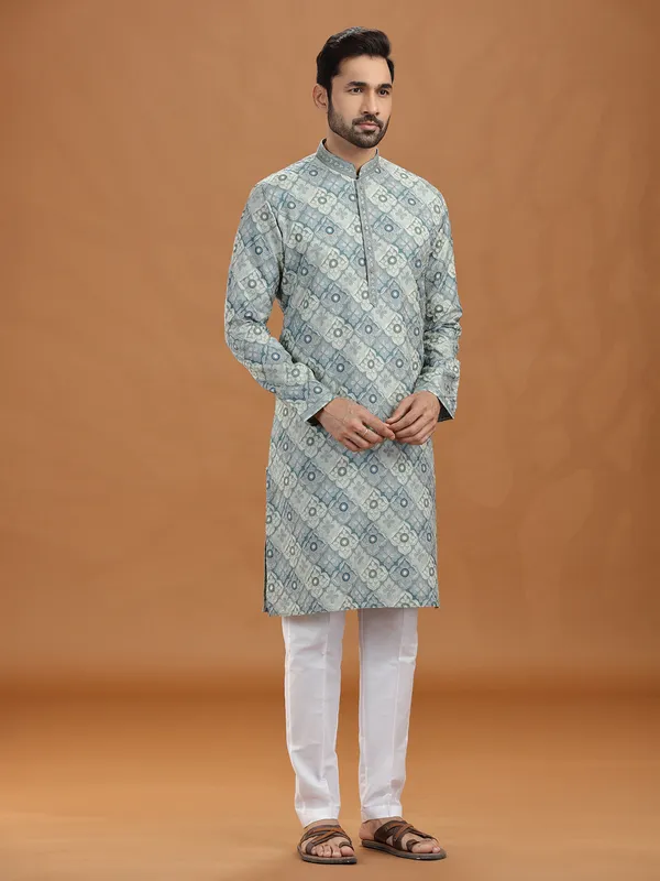 Light grey viscose thread work kurta suit