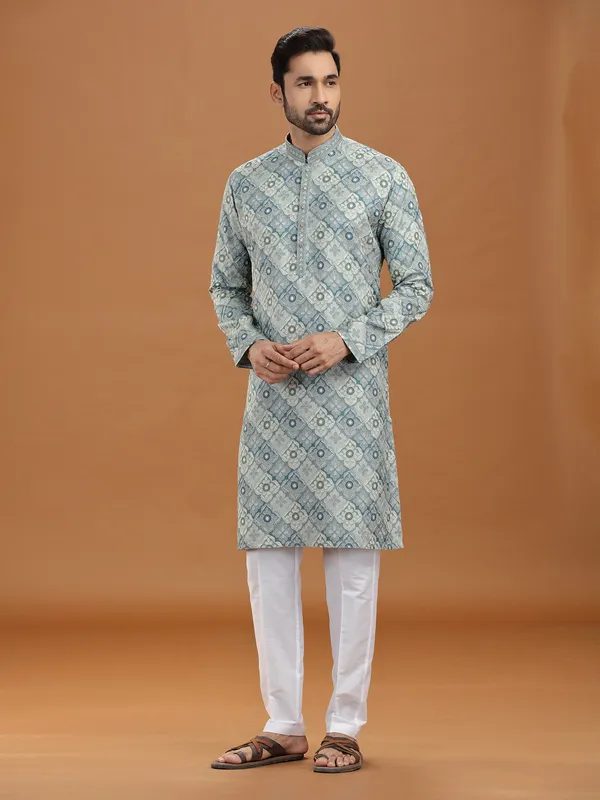 Light grey viscose thread work kurta suit