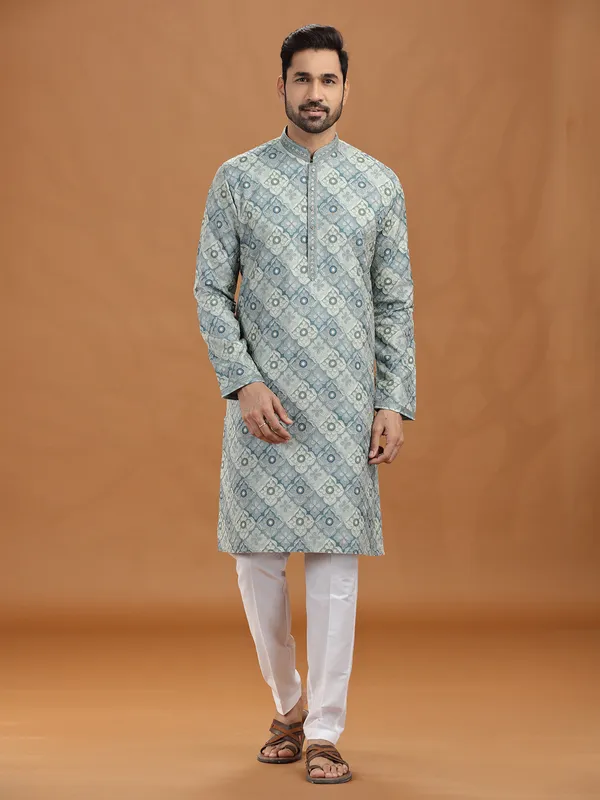Light grey viscose thread work kurta suit