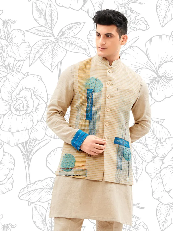 Light khakhi cotton kurta jacket set for men