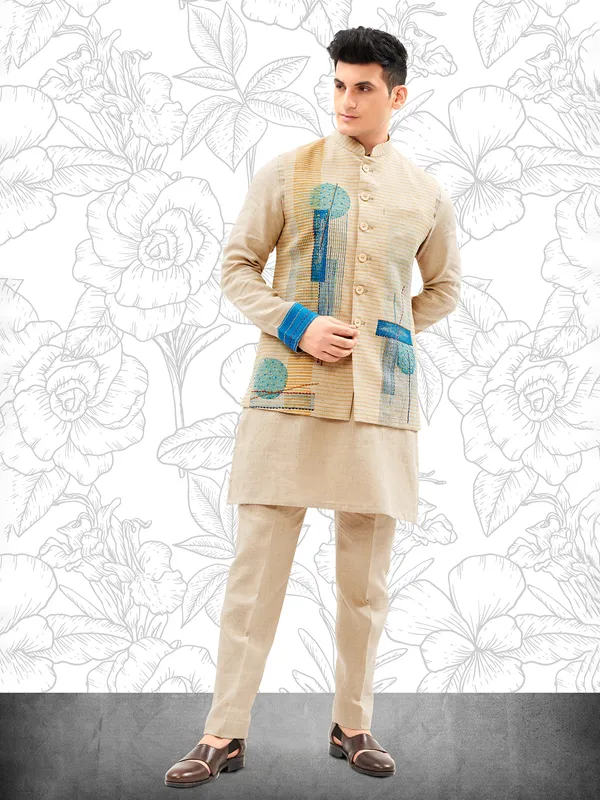 Light khakhi cotton kurta jacket set for men