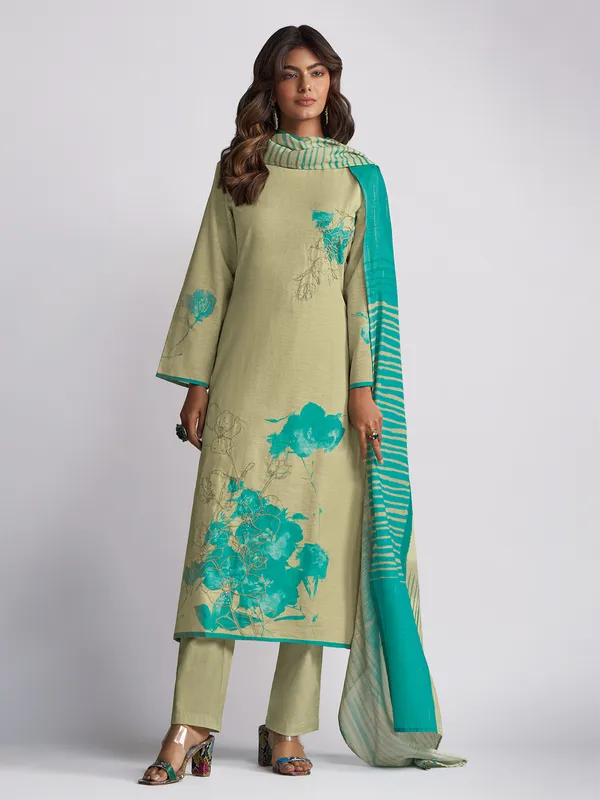 Light olive printed salwar suit in linen cotton