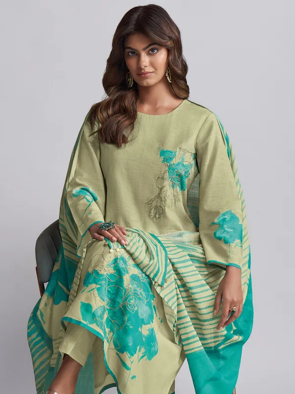 Light olive printed salwar suit in linen cotton