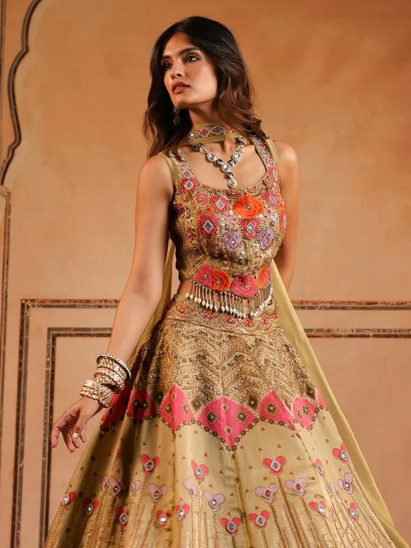 Light olive printed silk wedding wear lehenga choli