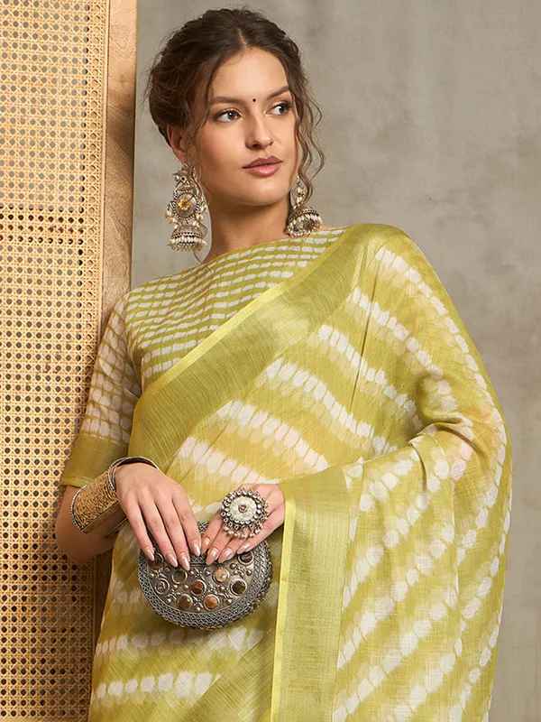 Light olive pure linen printed saree
