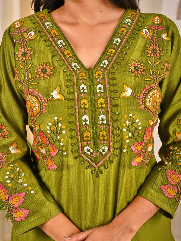 Light olive silk V neck stylish embroidered kurti